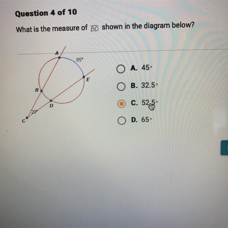 A 85° O A. 45 o E O B. 32.5 B C. 52.5 D. 65 SUBMIT-example-1