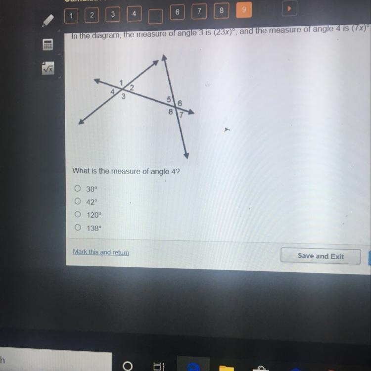 What is the measure of angle 42 O 30° O 420 O 120° O 1389-example-1