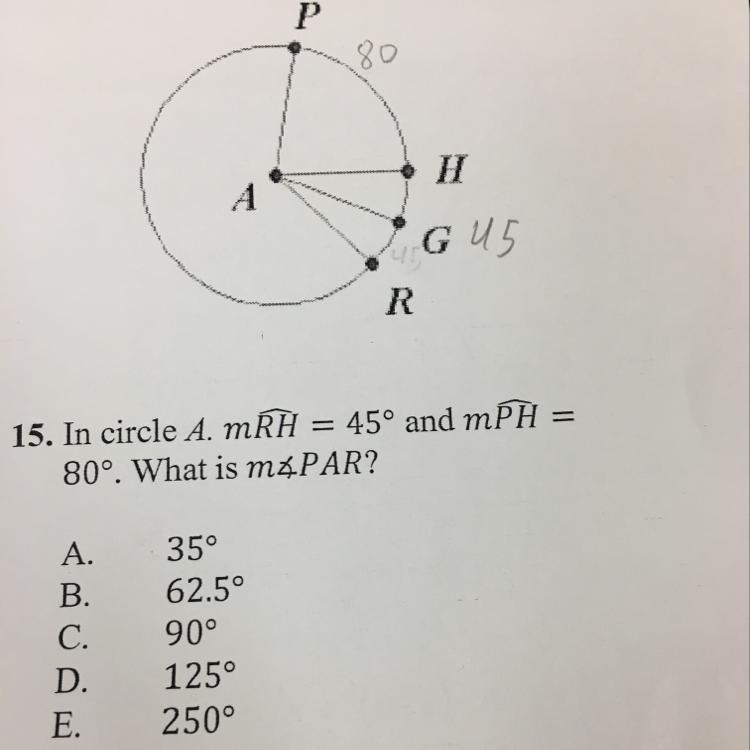 In circle A. MRH = 45° and mÞH = 80°. What is m&PAR?-example-1