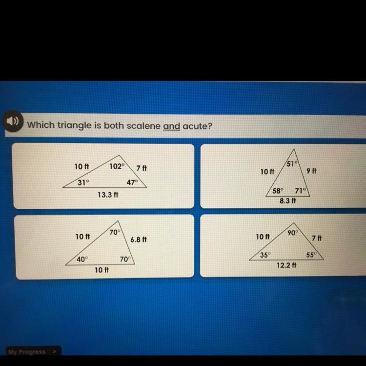 Which triangle is both scalene and acute?-example-1