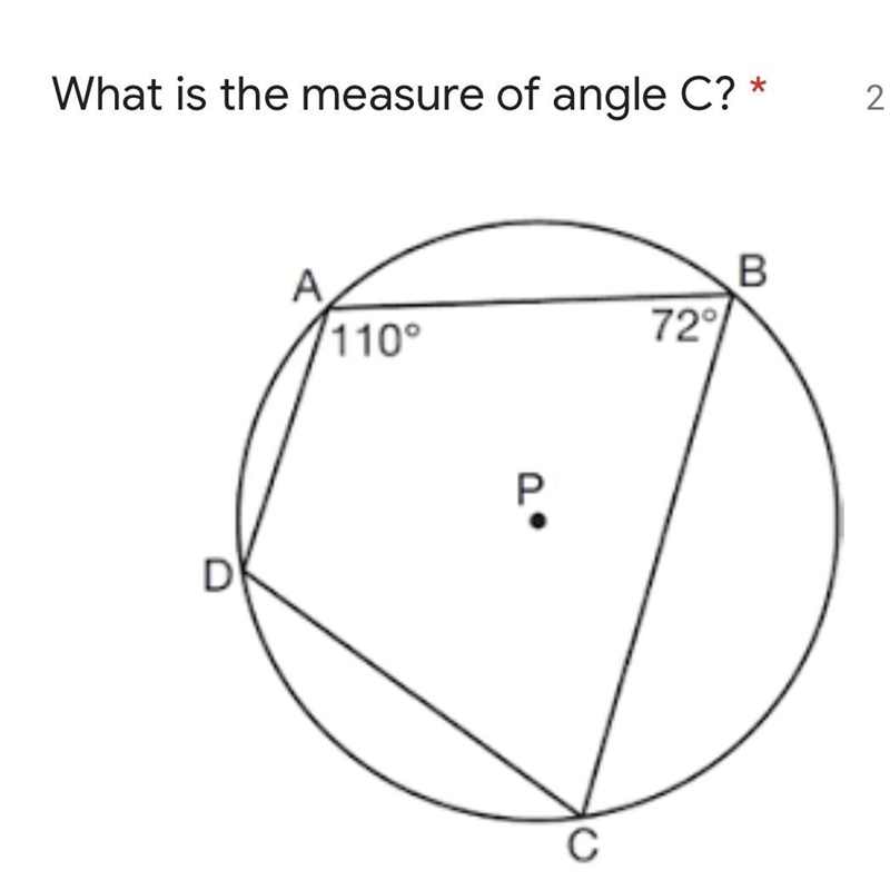 What is the measure of angle C? A. 110 B. 72 C. 108 D. 70-example-1