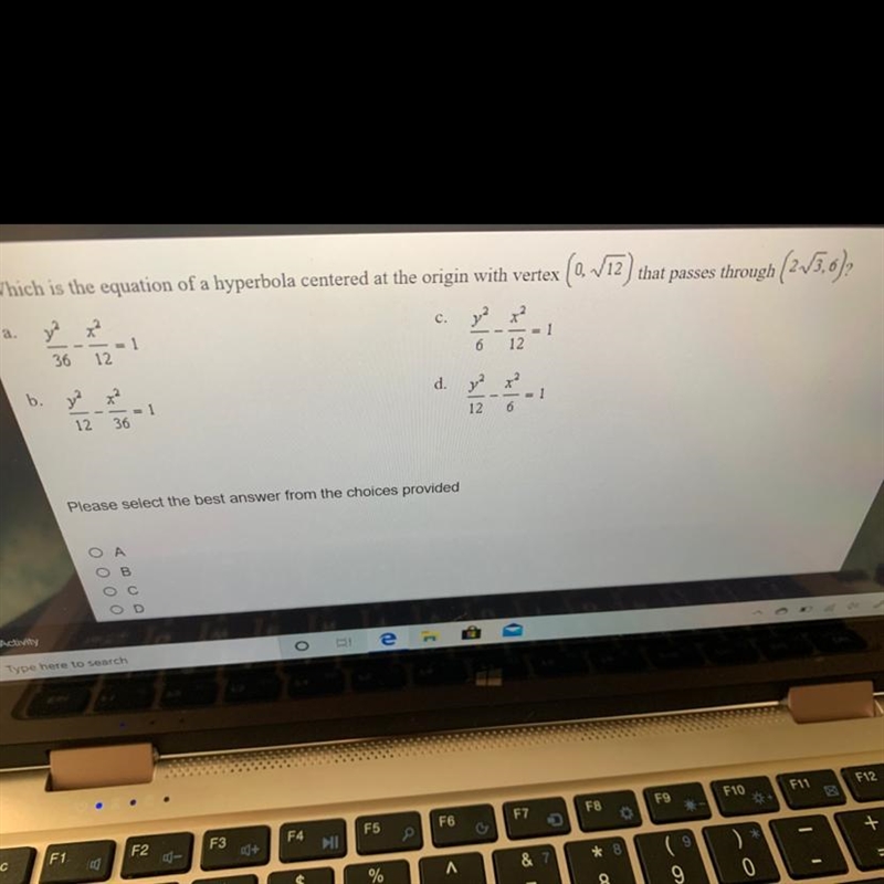 Which is the equation of a hyperbola centered at the origin with vertex (0, sqrt 12 ) that-example-1