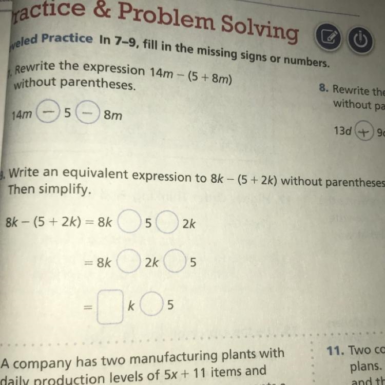 9. Write an equivalent expression to 8k - (5 + 2k) without parentheses. Then simplify-example-1