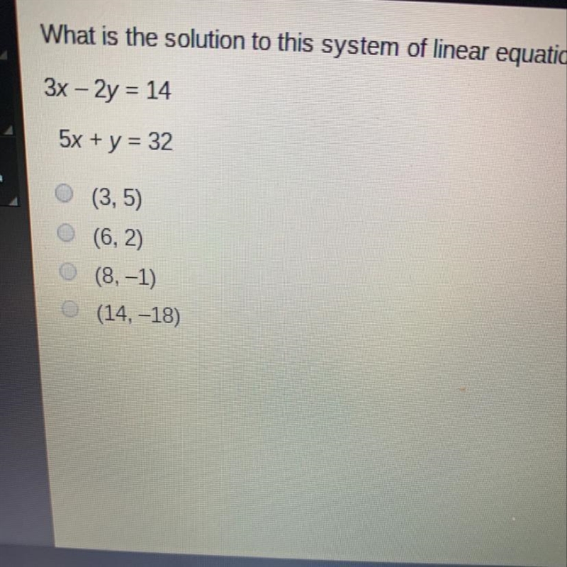 What is the solution 3x-2y=14 5x+y=32-example-1