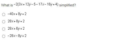 What is -2(3x+12y-5-17x-16y+4) simplified?-example-1