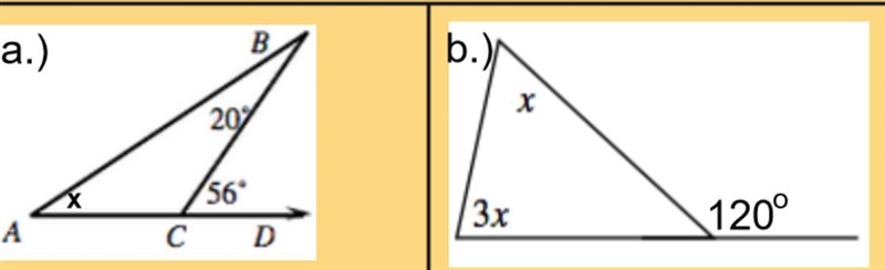 Calculate the missing angle measures in each figure-example-1