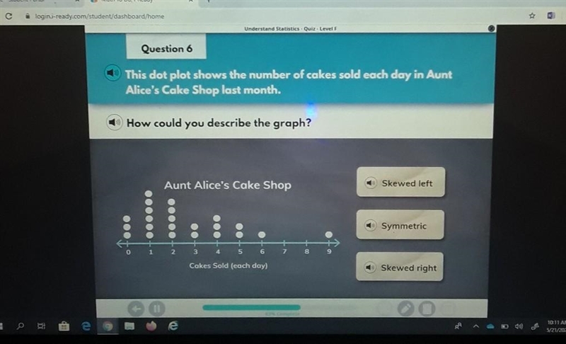 This dot plot shows the number of cakes sold each day in Aunt Alice's Cake Shop last-example-1