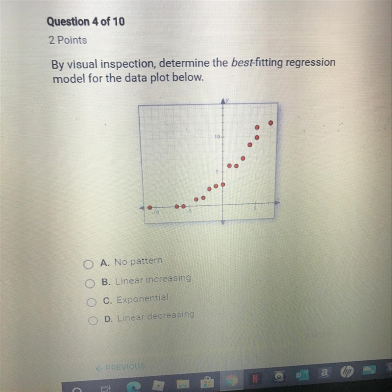 By visual inspection, determine the best-fitting regression model for the data plot-example-1