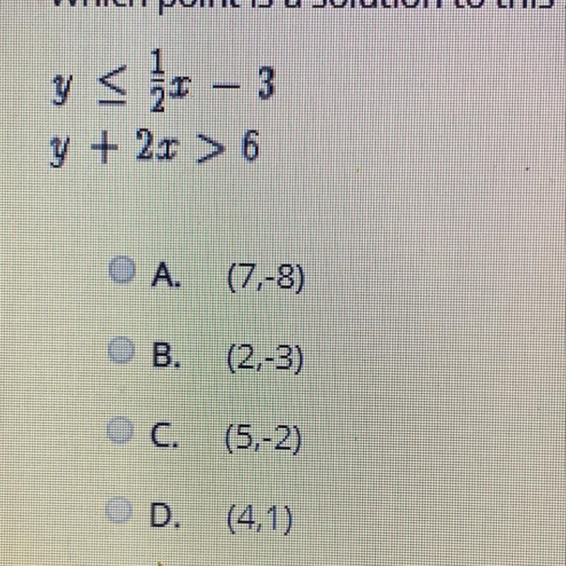 Which point is a solution to the system of inequalities pictured-example-1