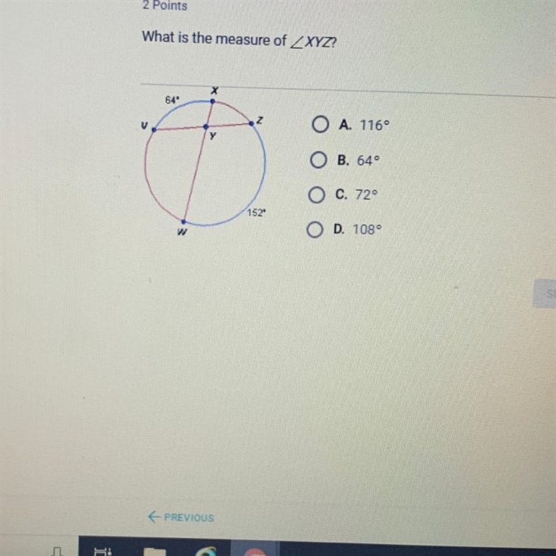 What is the measure of angle XYZ A. 116 B.64 C.72 D.108-example-1