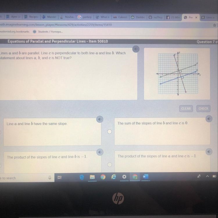 Lines a and b are parallel Line c is perpendicular to both line a and line 6. Which-example-1