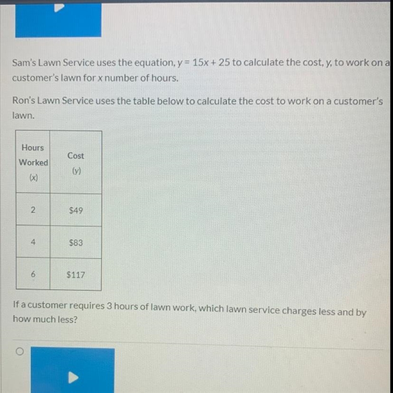 Sam's Lawn Service uses the equation, y = 15x + 25 to calculate the cost, y, to work-example-1