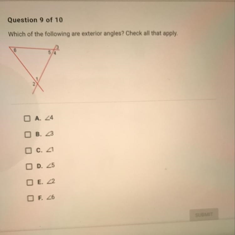 Question 9 of 10 Which of the following are exterior angles? Check all that apply-example-1