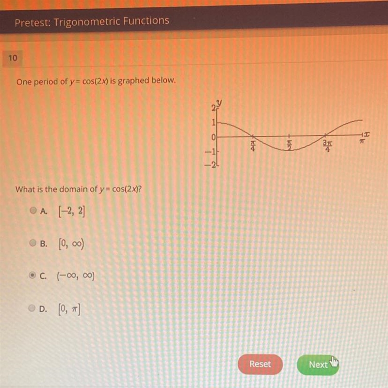 What is the domain of y = cos(2x)? A. [-2, 2] B. [0, 0) OC. (-0,00) D. [0, 1]-example-1