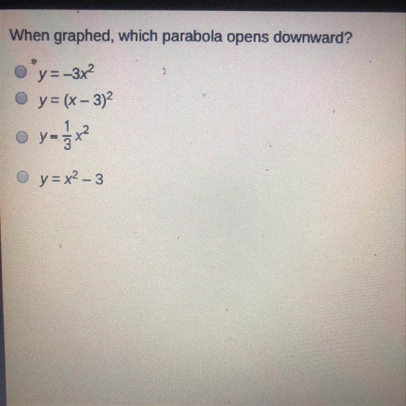 When graphed, which parabola opens downward?-example-1