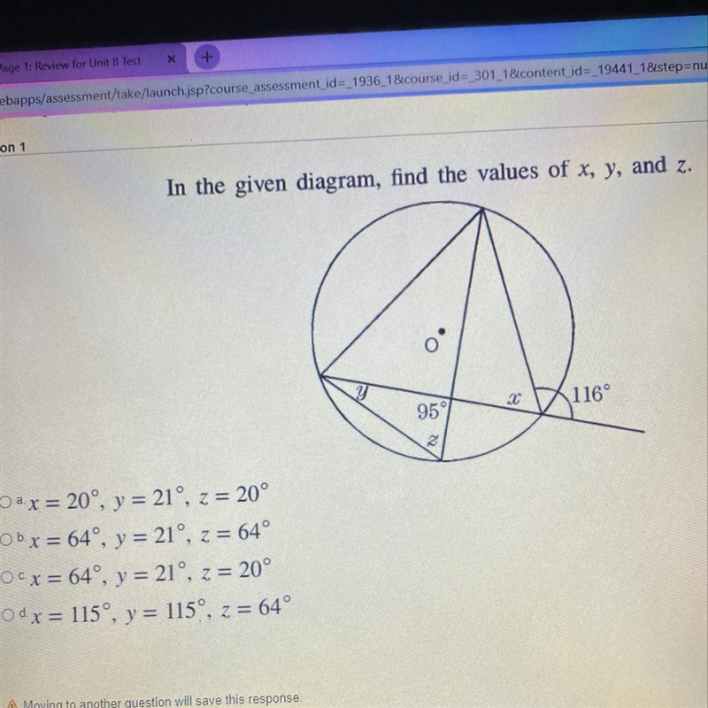 In the given diagram, find the values of x, y, and z. Oax = 20°, y = 21°, z = 20° Ob-example-1