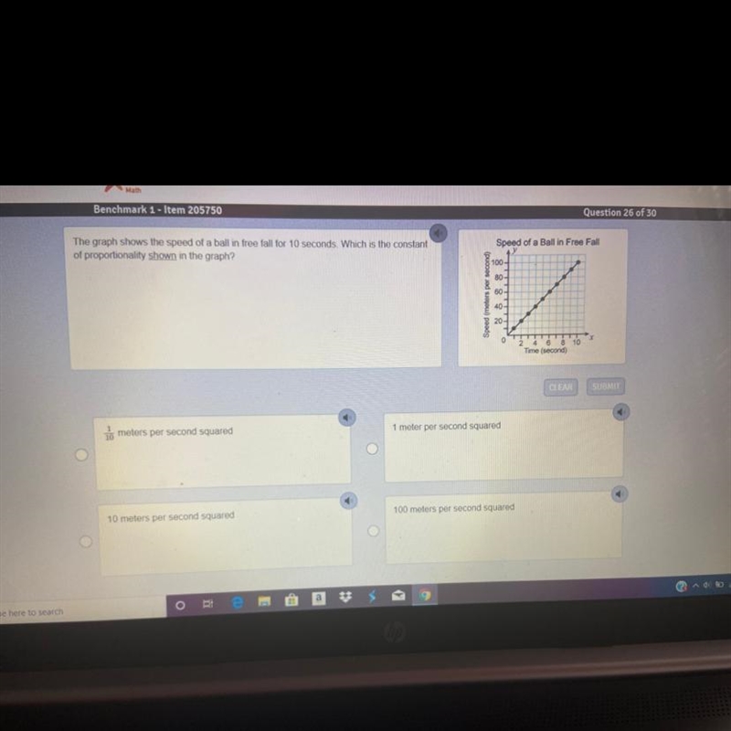 The graph shows the speed of a ball in free fall for 10 seconds. Which is the constant-example-1