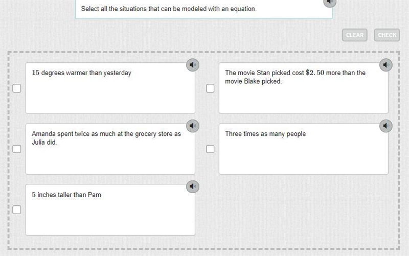 Select all the situations that can be modeled with an equation. please help!!-example-1