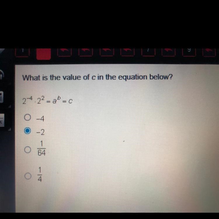 What is the value of c in the equation below? 2(to the negative fourth power) • 2 (to-example-1