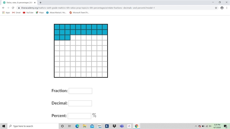 The square below represents one whole. Express the shaded area as a fraction, a decimal-example-1