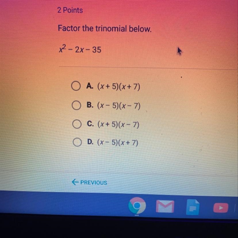 Factor the trinomial below. x² – 2x - 35 Need To Know ASAP-example-1