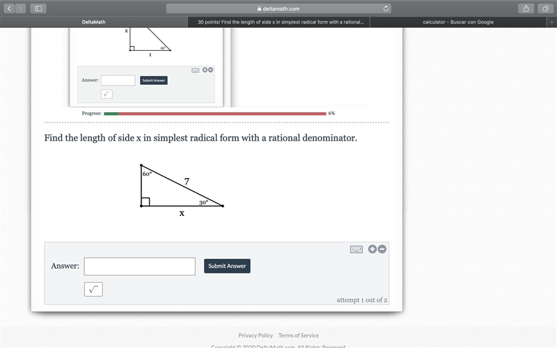 Find the length of side x in simplest radical form with a rational denominator.-example-1