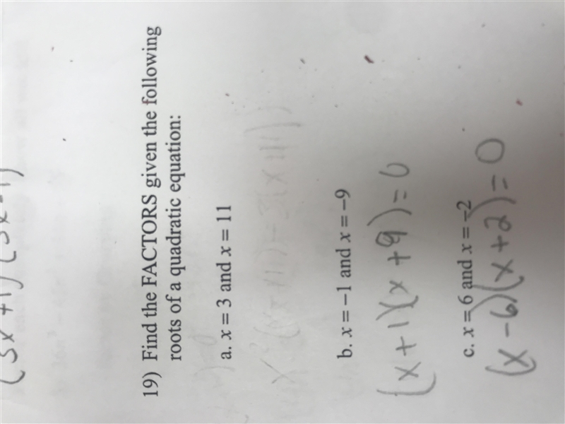 Find the FACTORS given the following roots of a quadratic equation : x=3 and x=11 HELP-example-1