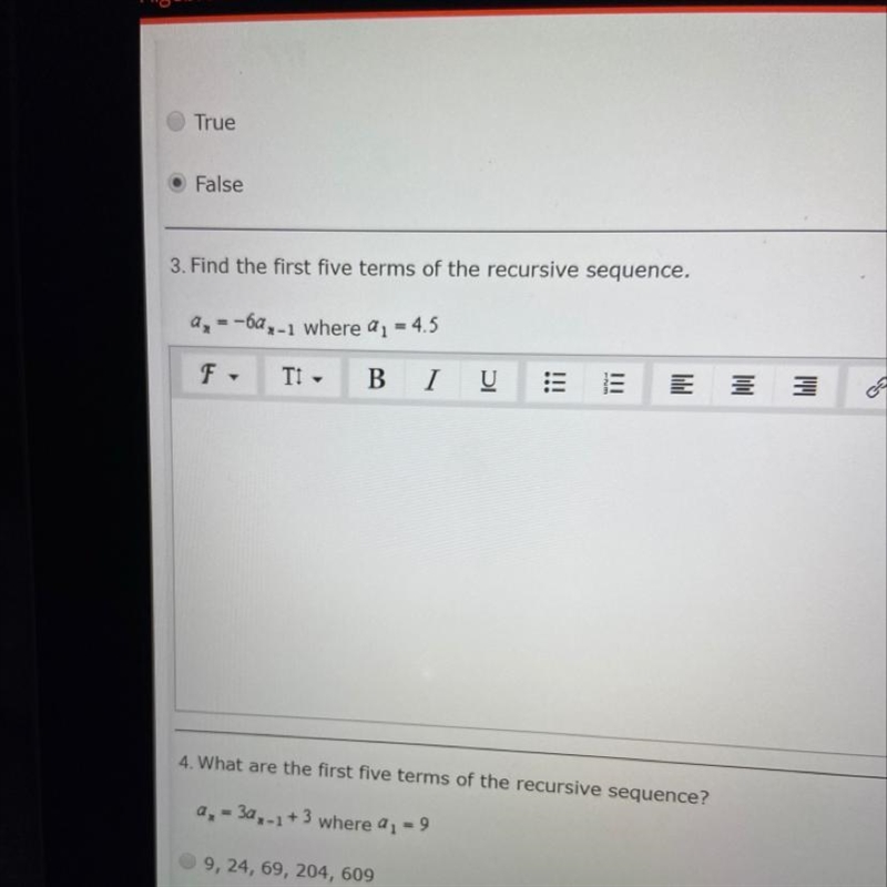 Find the first five terms of the recursive sequence.-example-1