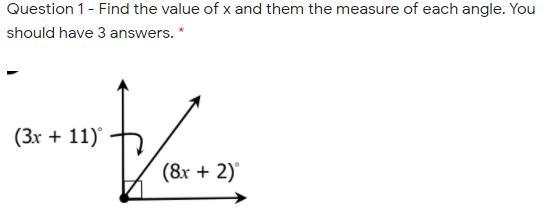 Find the value of x and then the measure of each angle. You should have 3 answers-example-1