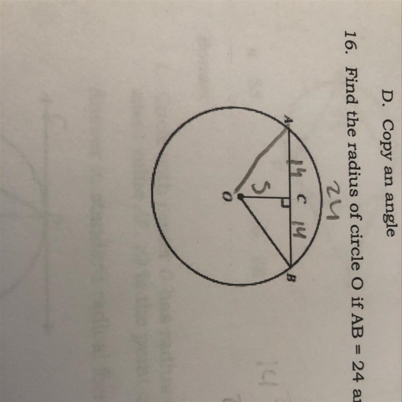 Find the radius of circle if AB = 24 and OC = 5-example-1