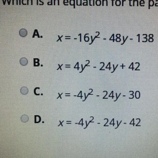 Which is an equation for the parabola that has a vertex (6,-3) and passes through-example-1