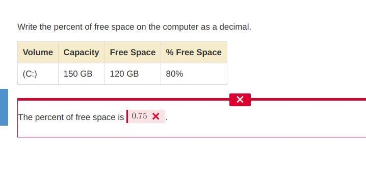 Write the percent of free space on the computer as a decimal. Volume Capacity Free-example-1