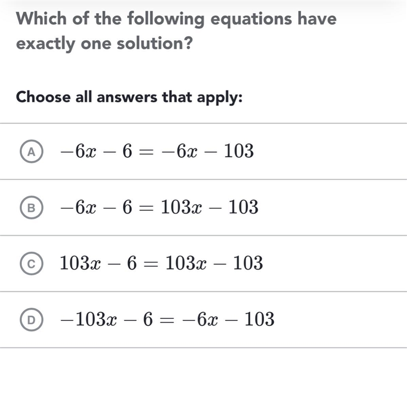 Which of the following equations have exactly one solution?-example-1