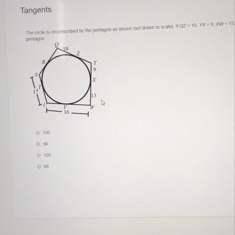 The circle is circumscribed by the pentagon as shown (not drawn to scale) if QZ= 10 YX-example-1