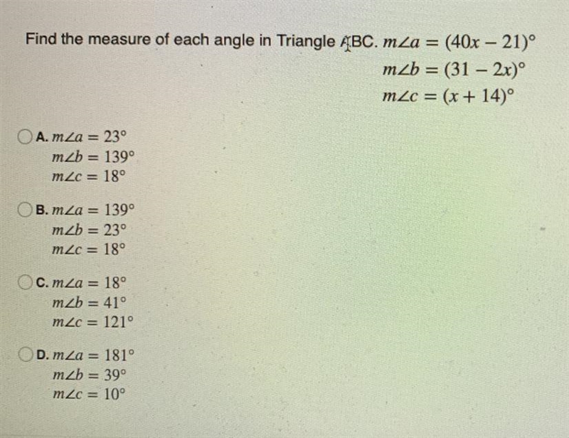 Find the measure of each angle in Triangle ABC. m m m-example-1