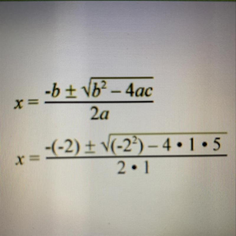 Use the quadratic formula to solve the equation x^2-2x+5=0-example-1