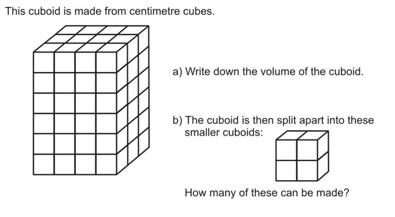 Volume and area question!-please help me answer it This cuboid is made from centimetres-example-1