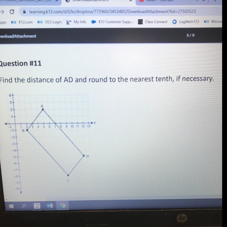 Find the distance of AD and round to the nearest tenth, if necessary. A (2,5) D (-5,12)-example-1