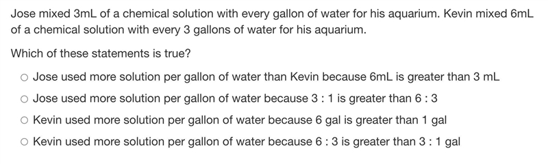 Jose mixed 3mL of a chemical solution with every gallon of water for his aquarium-example-1