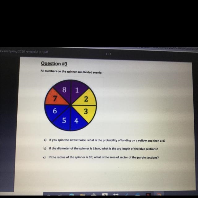 6 a) If you spin the arrow twice, what is the probability of landing on a yellow and-example-1