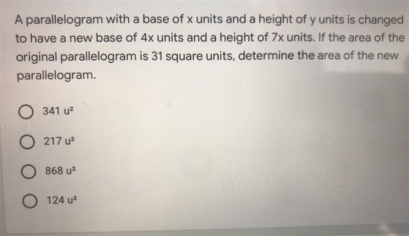 A parallelogram with a base of x units and a height of y units is changed to have-example-1