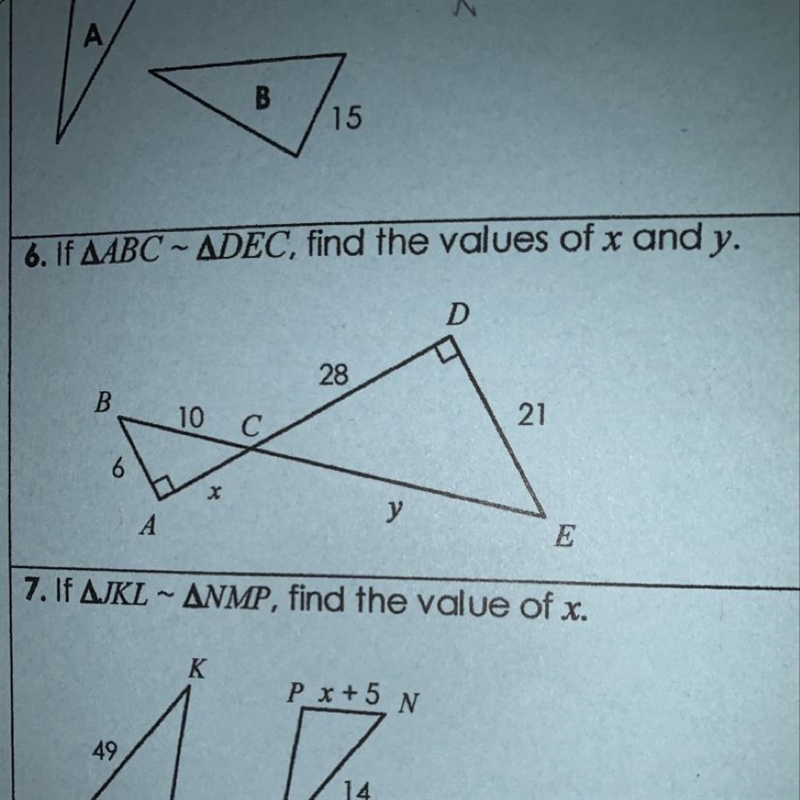 If ABC ~ DEC, find the values of x and y. help me pleaseee!!!-example-1