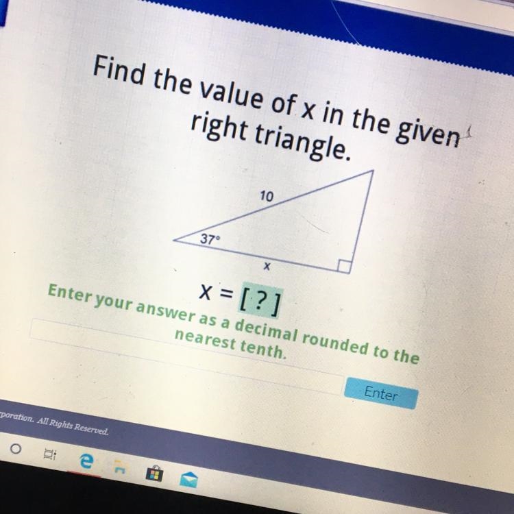 Find the value of X in the given right triangle. X=-example-1