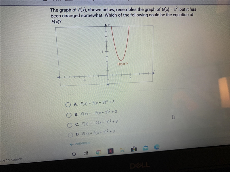 The graph of F(x) shown below resembles the graph of G(x) = x ^ 2 but it has been-example-1