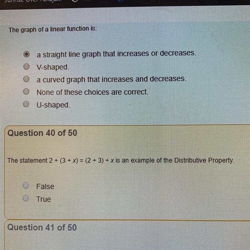 The graph of a linear function is? And the statement 2+(3+x)=(2+3)+x is an example-example-1