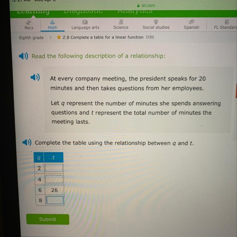 Complete the table using the relationship between q and t.-example-1