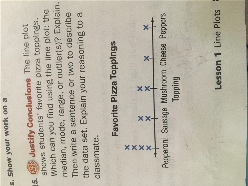 The line plot shows students favorite pizza toppings. Which can you find using the-example-1