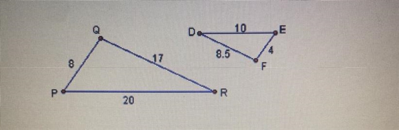 Are the triangles similar? If so, determine the scale factor of APOR to AEFD. A) NO-example-1