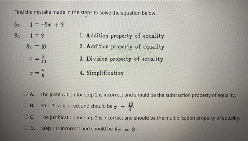 Find the mistake made in the steps to solve the equation below 6x-1=-2x+9 8x-1=9 8x-example-1