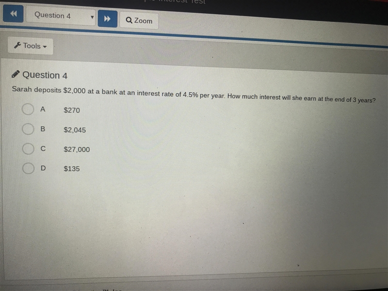 Sarah deposits 2,000 at a bank at an interest rate of 4.5% per year. How much interest-example-1